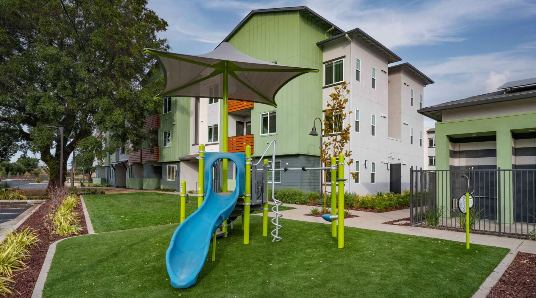 a playground in front of a building